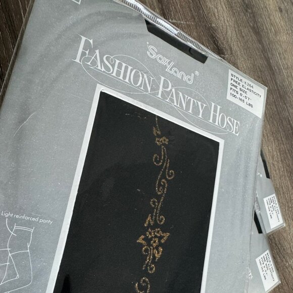 Sox Land New Factory Sealed Fashion Panty Hose Gold on Black Women's Size OS. - Picture 4 of 6